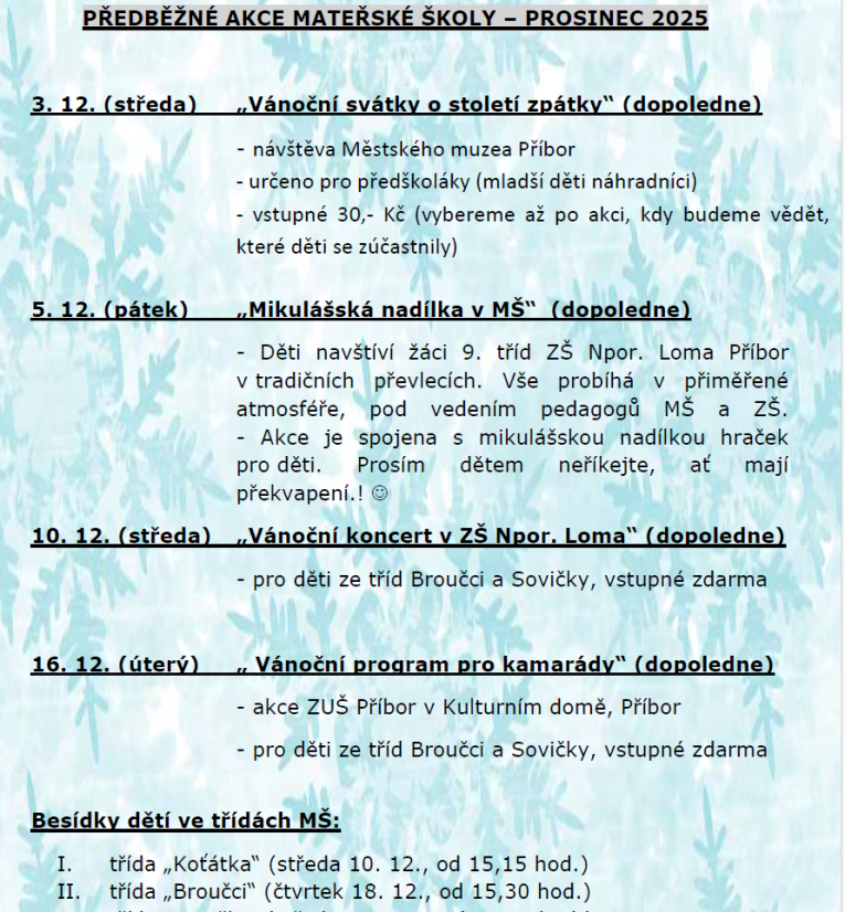 Předběžné akce - prosinec 2025